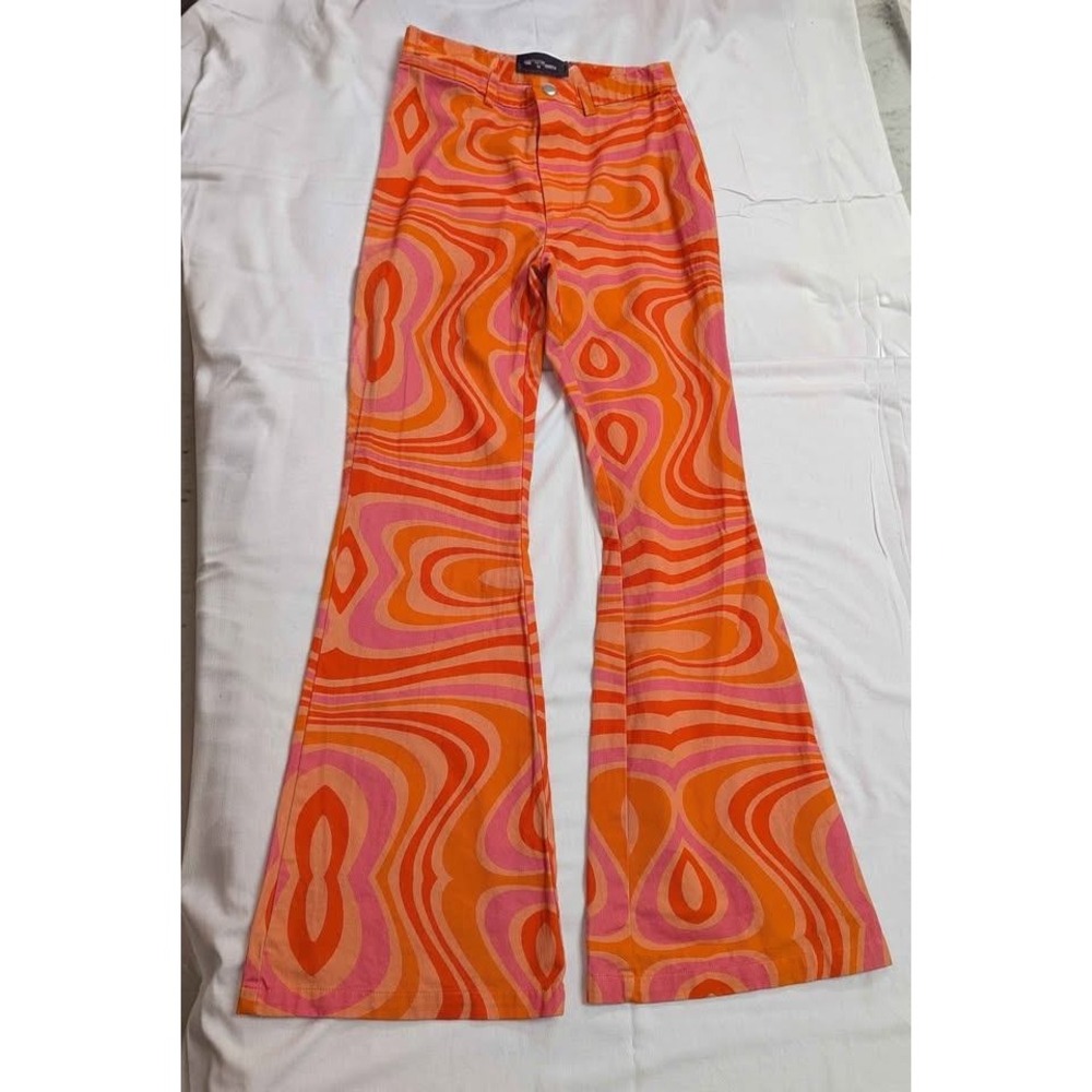 Finesse Retro Psychedelic Flare Pants Orange Pink Swirl Print Women's Size S